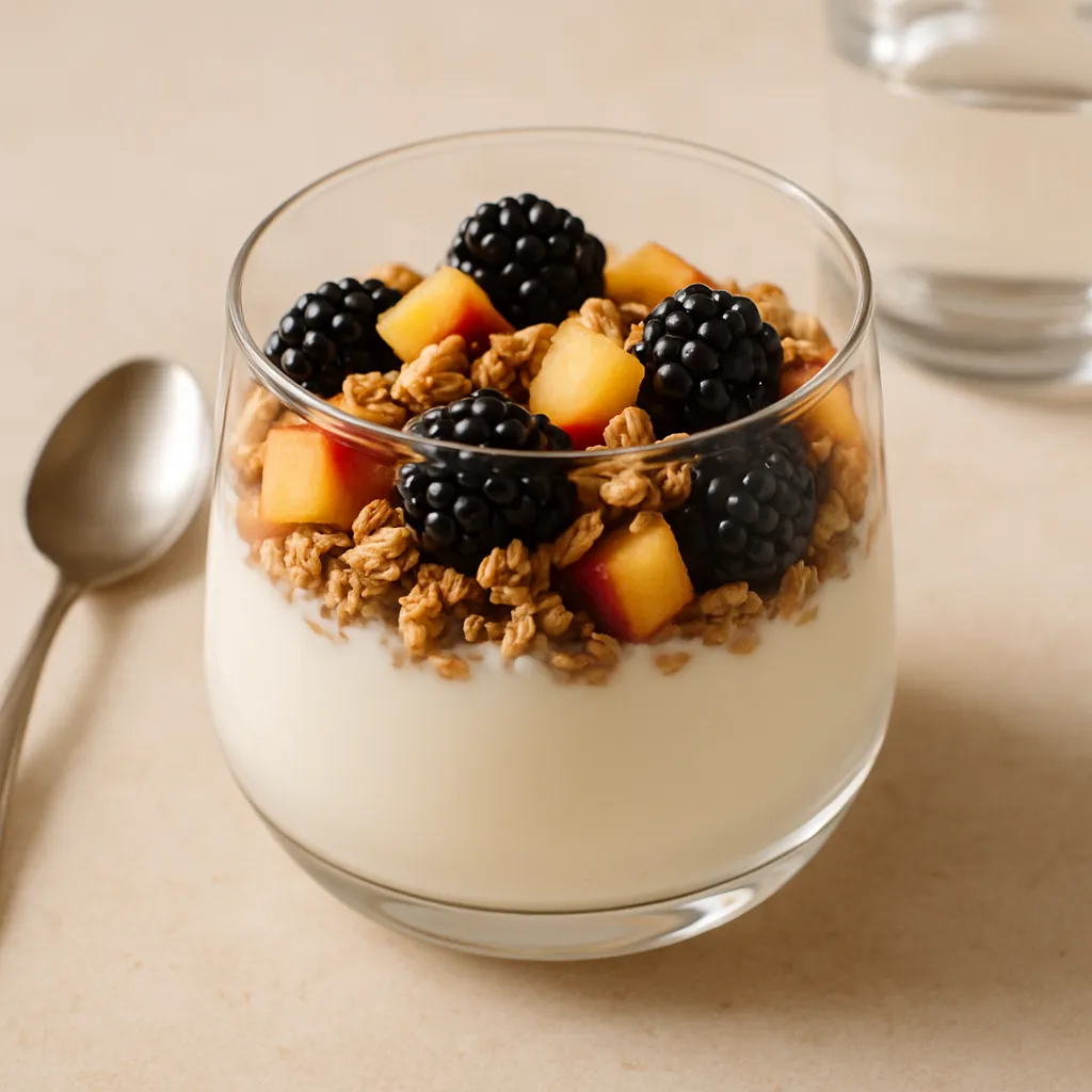 Yoghurt met perziken, granola en bramen